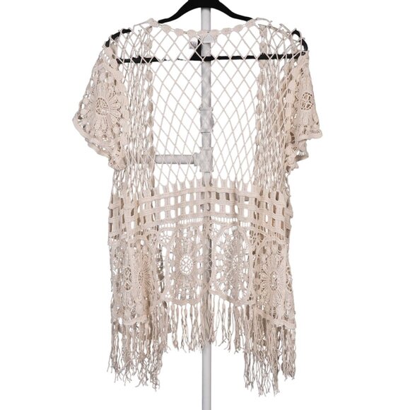 Cato Crochet Open Knit Fringe Cardigan 14 16W Womens 100% Cotton Off White Boho - Picture 5 of 5